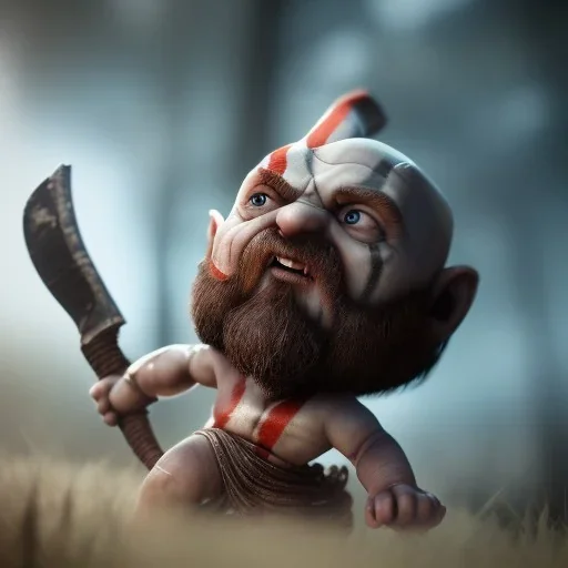 Cute baby video game god of war krotos, axe, mytology, 8k resulation, cinematic lighting, octane render, unreal engine 5, realistic