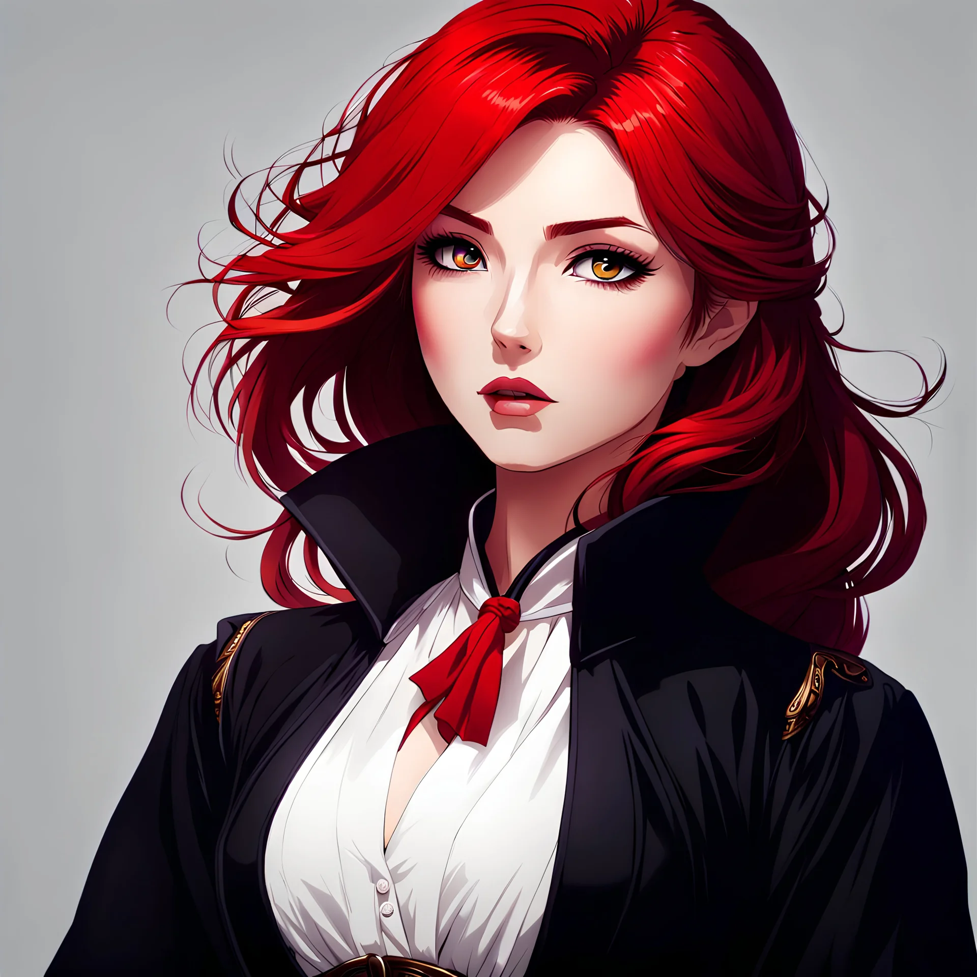 mysterious youthful Russan female, woman, dark and intriguing, confident, intense, handsome, anime style, retroanime style, red hairs, white woman,