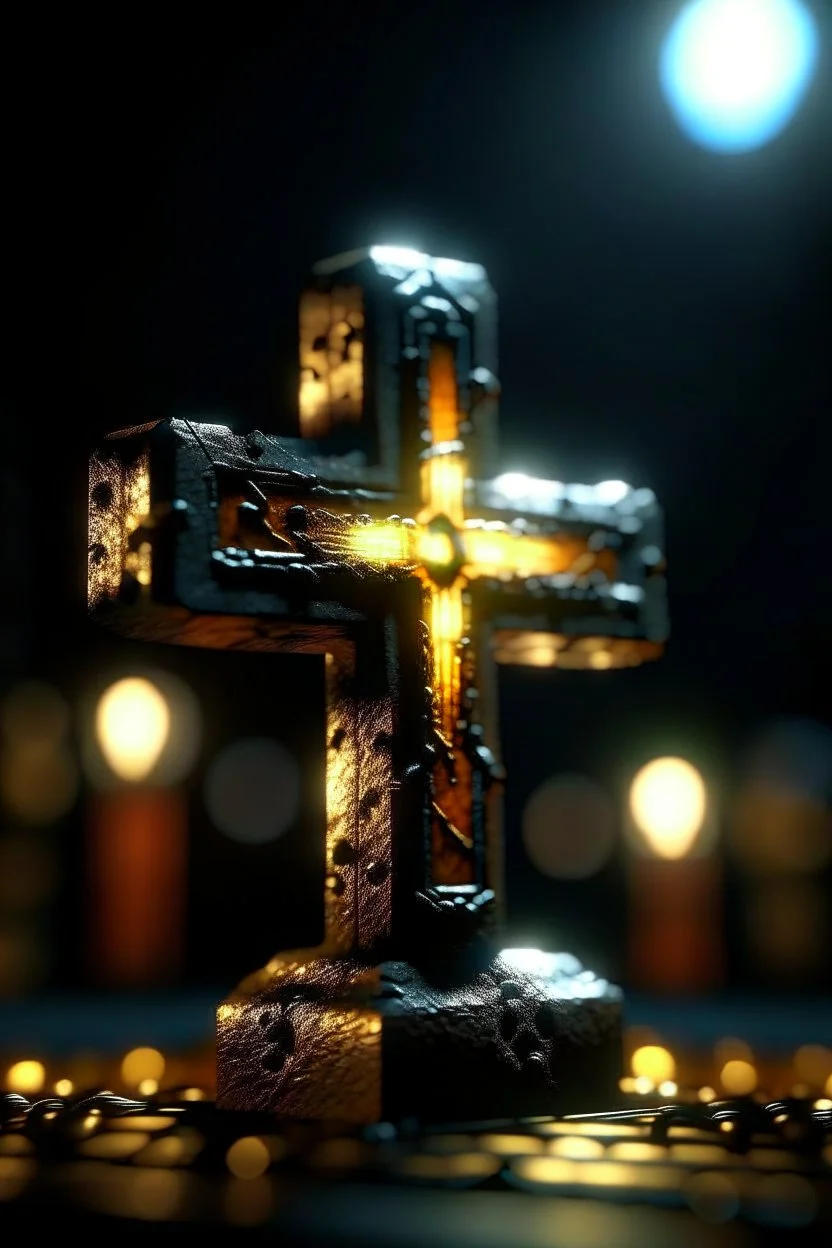 a cross with eyes like spotlights , photo-realistic, shot on Hasselblad h6d-400c, zeiss prime lens, bokeh like f/0.8, tilt-shift lens 8k, high detail, smooth render, down-light, unreal engine 5, cinema 4d, HDR