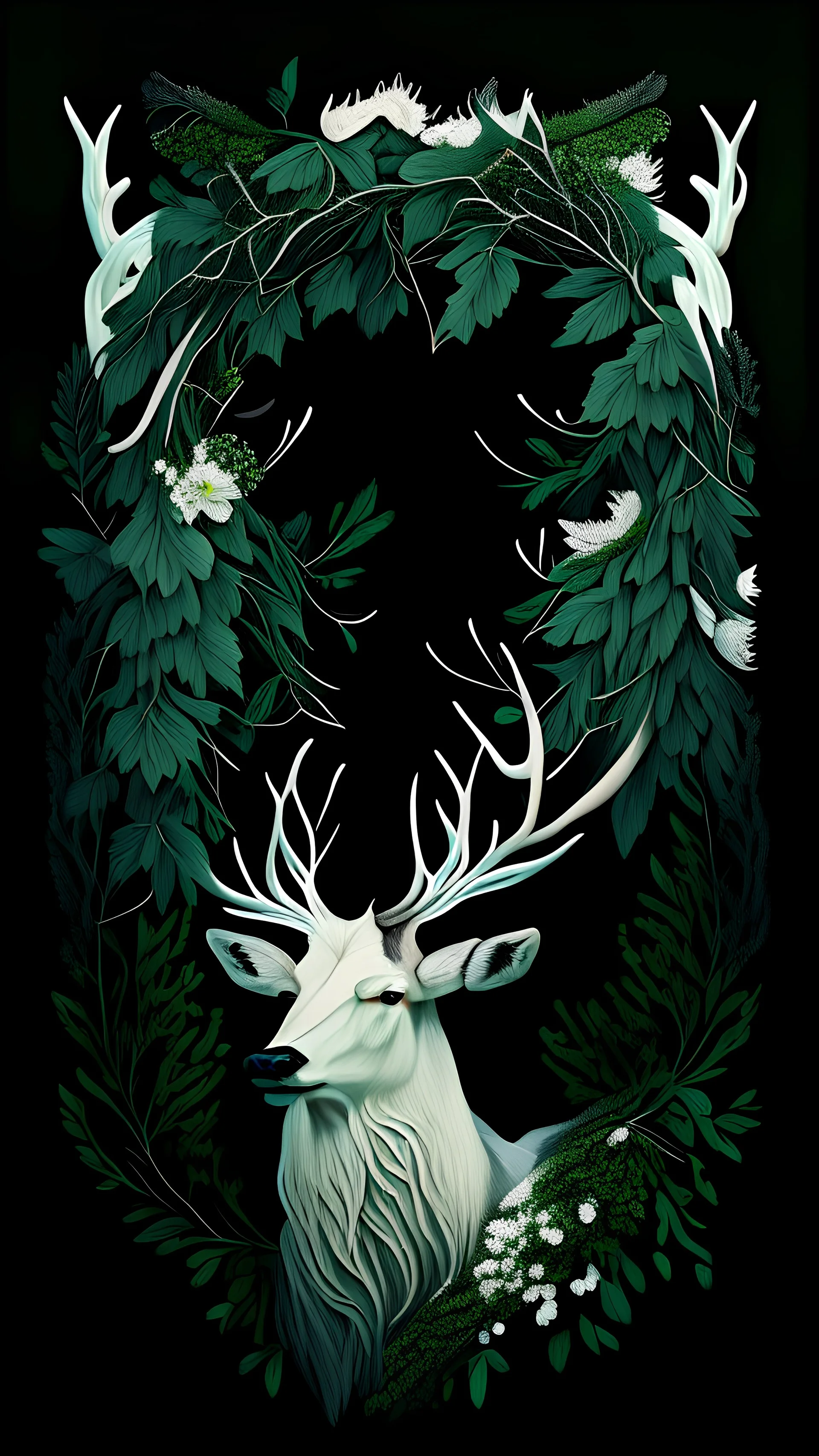 beautiful white mane with big deer horns made from ivy and white flowers, front facing dark smooth colors, forest green background,