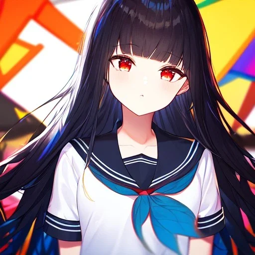 Clear focus, High resolution, long black fluffy hair, red eyes, chopped bangs, wearing a sailor uniform, wearing a sailor skirt, colorful, hollywood, female, no outlines, extreme close up