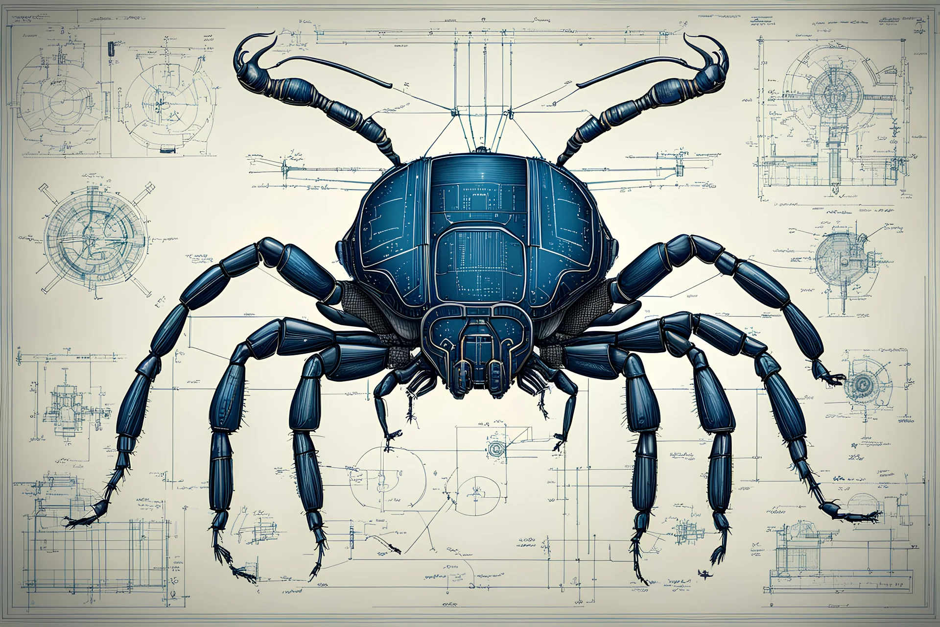 Hand drawn illustration , with detailed blueprints and engineering schematics of dark robotic Stag beetle, with highly detailed facial features, detailed drawings, and technical notation, 8k