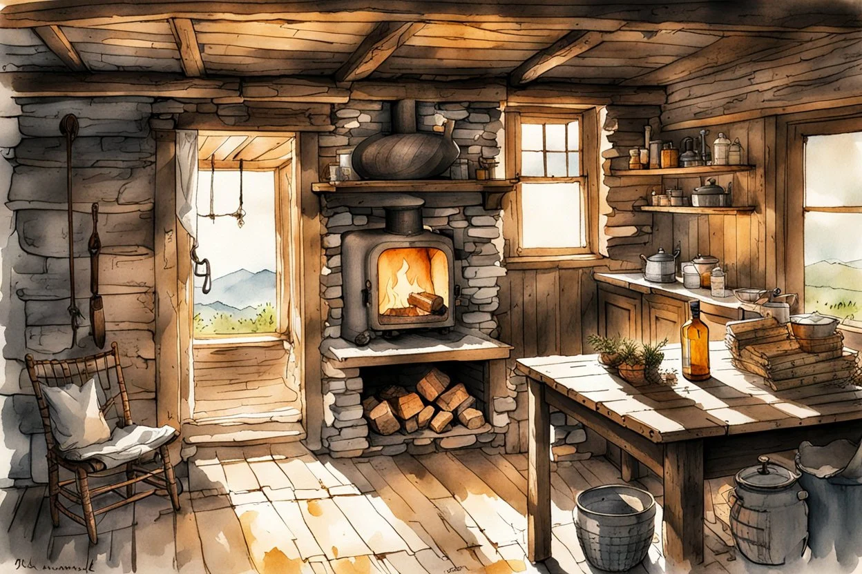 ink wash and watercolor illustration of the interior of an 18th century rough hewn New England clapboard cabin, with a dry laid stone hearth , rustic furniture , kitchen utensils, candles, oil lamps, hanging herbs , curing game meat, in the comic book style of Bill Sienkiewicz and Jean Giraud Moebius , sharp focus, natural light and shadow, rich earth tone colors