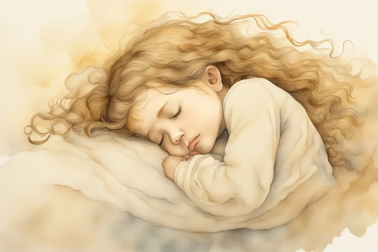 Small girl with long curly brown hair sleeping in god's hand (a big, clear hand) watercolor and ink, golden patina, glitters in ochre, backlit, mist and fog