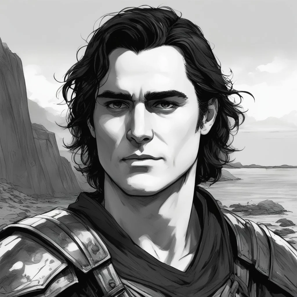 A portrait of Joaquin Phoenix in his early 30s, long beachy haircut, black hair, on a rocky island, in ebony armor from Skyrim, melancholic and dangerous facial expression, half-smiling, drawn in the style of ink manga sketch