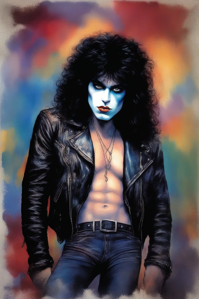 text "KISS" - facial portrait with makeup - 20-year-old Paul Stanley with long, wavy curly black 1980's style big hair, wearing a black leather jacket, extremely colorful, multicolored watercolor stained wall in the background - in the art style of Boris Vallejo, Frank Frazetta, Julie bell, Caravaggio, Rembrandt, Michelangelo, Picasso, Gilbert Stuart, Gerald Brom, Thomas Kinkade, Neal Adams - explosions, flames, fog, clouds, dust,