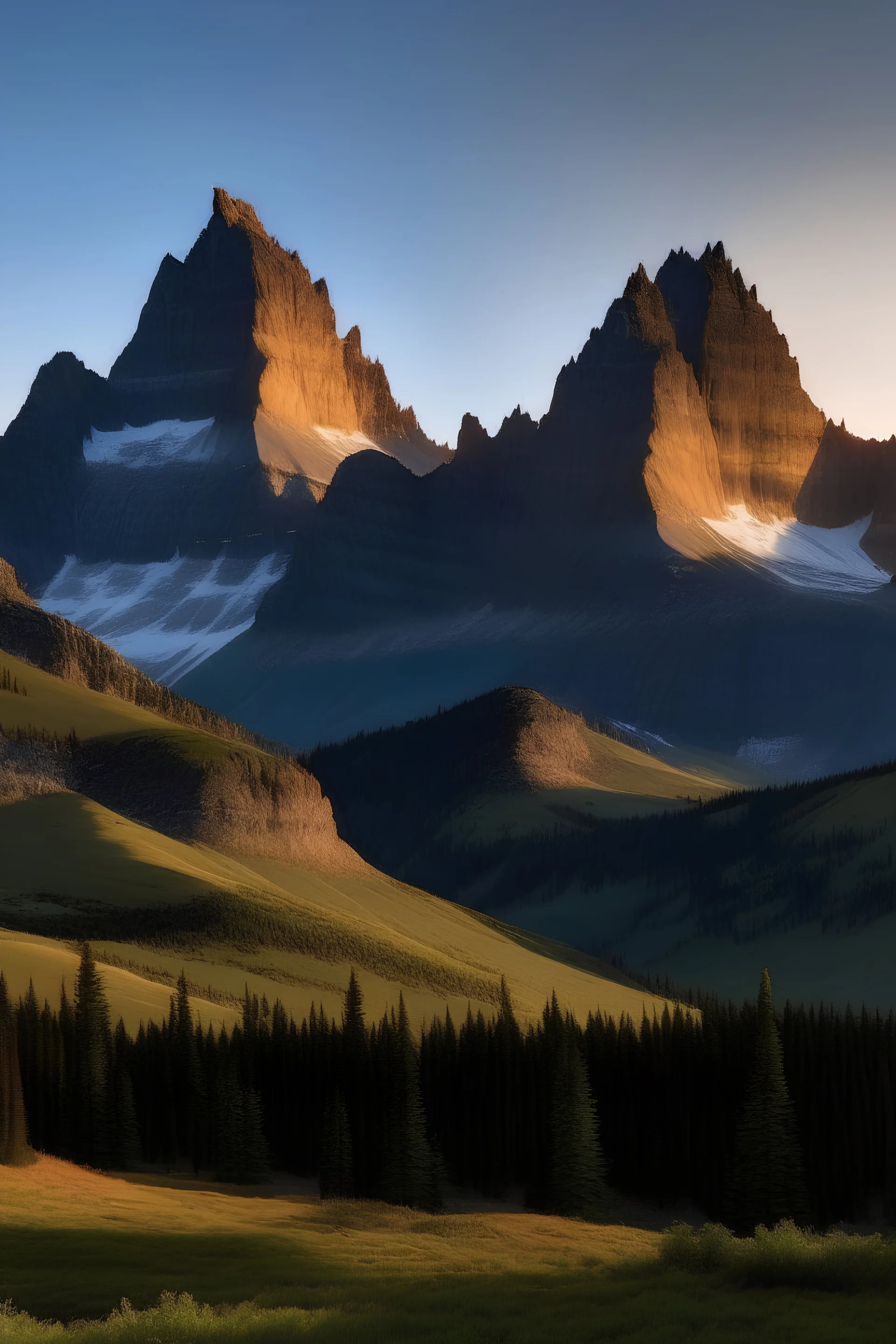 The serrated peaks of the northern Rockies located in Glacier National Park glow in the morning light