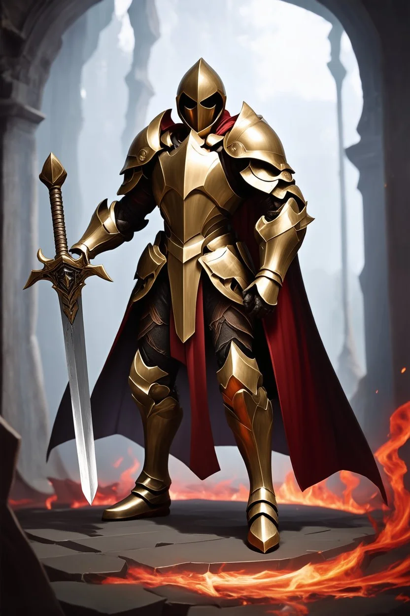 photorealistic holy knight paladin in darkly gold armor and a cape wielding a greatsword in abyss