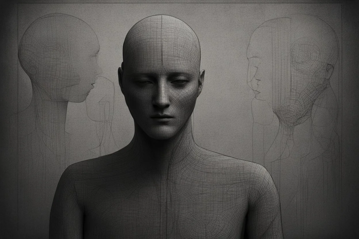 monochrome, cardboard figure on the left of the picture, stocky human figure with a head tilted to the left, almost no neck, no face or hair, schematic drawing, against a dark grey background with a symmetrical pattern, a lighter grey, almost monochrome, in moonlight, crayon drawing in shades of grey and black, ethereal, cinematic postprocessing