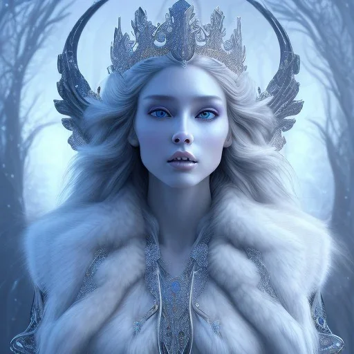 portrait of the most gorgeous, stunning, beautiful ice goddess with large wolf, intricate crystal ice crown, large wolf, 8k resolution, high-quality, fine-detail, ornate, digital art, detailed matte, volumetric lighting, brian froud, howard lyon, selina french, annie stokes, lisa parker, greg rutowski,