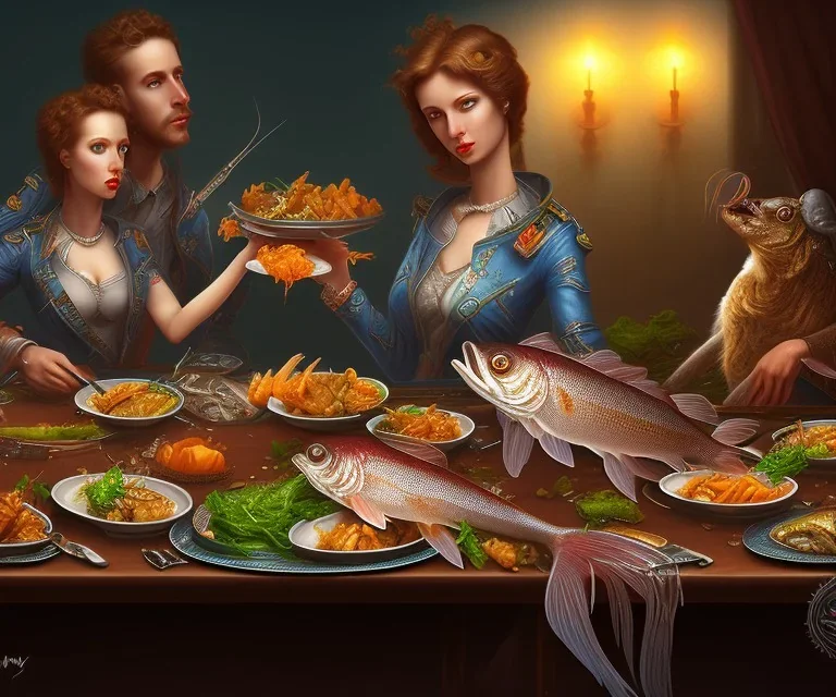 supper, fish sit at the table and eat pieces of people.