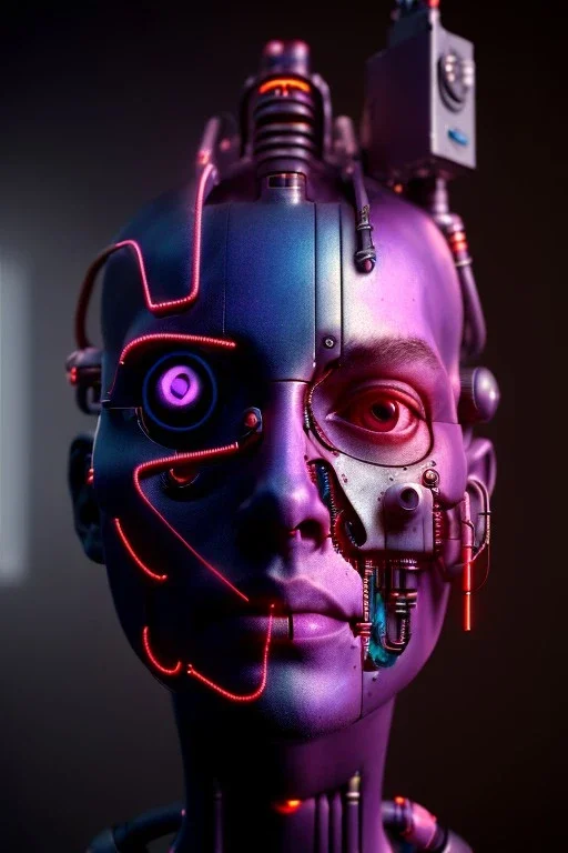 a cyborg watching a mural in a museum art gallery, purple shining lights, octane render, detailed