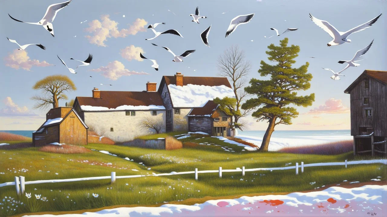 Richly textured Hieronymus Bosch, Catrin Welz-Stein, William Turner, Zdzisław Beksiński, Jacek Yerka oil on canvas zentangle line art style mix, surreal frosted fantasyland winter oceanscape, hoarfrost on trees, high grasses, snow and cottages, withered flowers, pale sunrise; paint splatter, beautiful vibrant colors, reflections, SK, flying seagulls, dramatic clouds, snowfall.