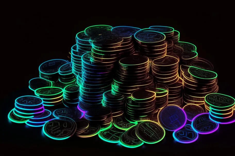 black background, outlines of a holographic pile of coins, diagram drawn from thin neon-coloured glowing lines