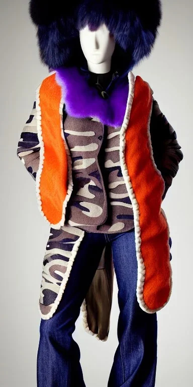 Caucasian white woman black hair. average body type. Mantle is sewed of recycled Denim and sewed together of camouflage pieces. Patterns are composed of orange, cream, blue, lilac and purple. blue latex gaiters. It is with big bright purple felt tippet and cream-colored-hood. mantle is merged with tippet. Big AKG-style headphones (gold rings!) is merged with small felt cap with small visor. Style: Haute Couture, 1920's, Paris fashion, late nineties, street art.