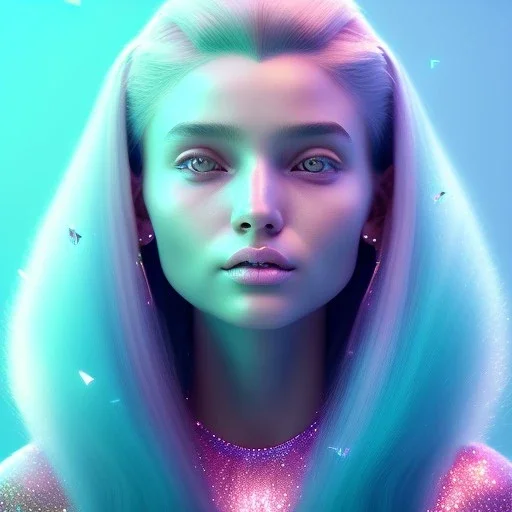 A portrait of a crystalised girl,smiling, longs hairs, atmospheric, realistic,, cinematic lighting, octane render,, pink turquoise light, diadème