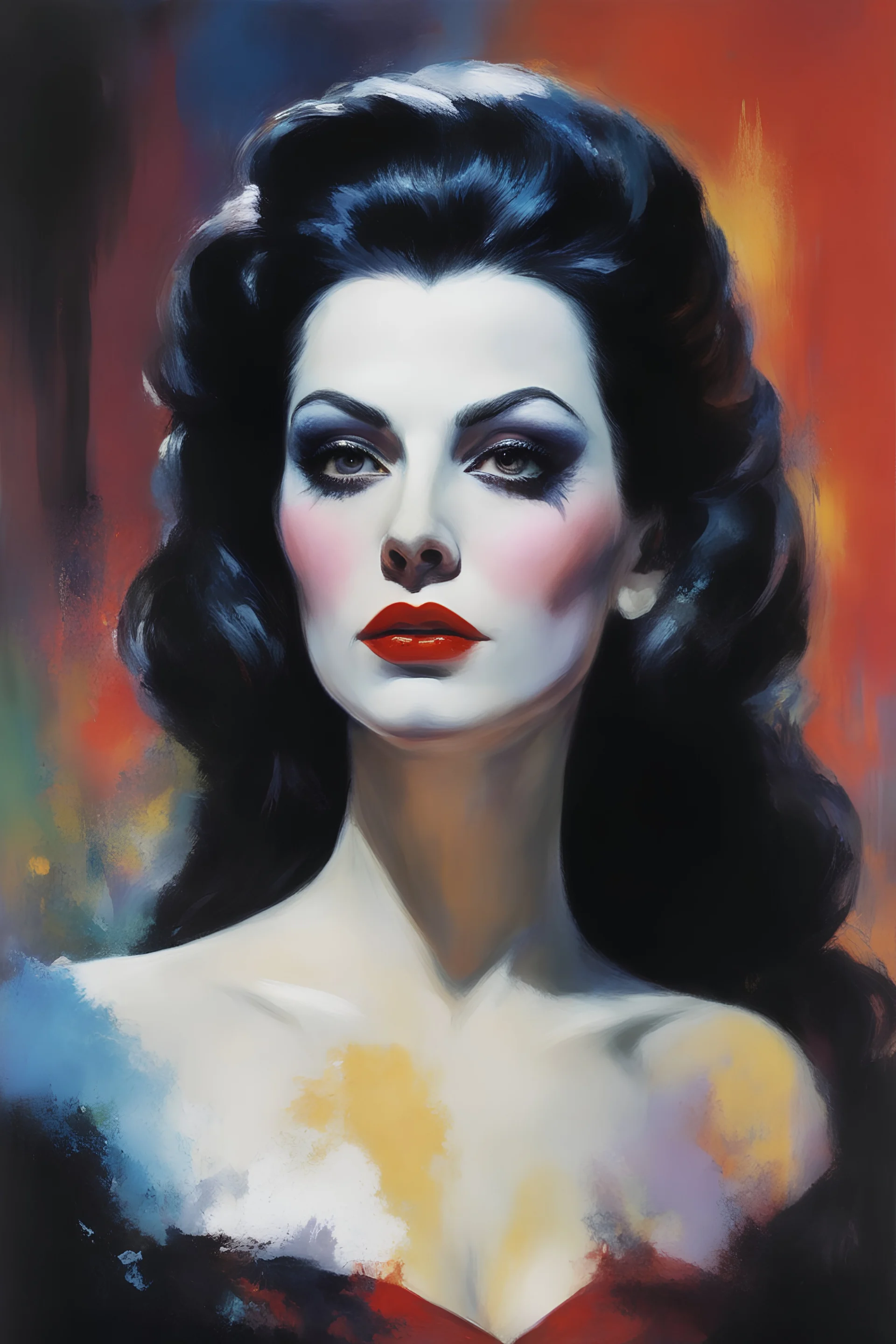 Annabella Lugosi as Dracula - with a single white streak in her hair, extremely colorful, multicolored paint splattered wall in the background, oil painting by Frank Frazetta