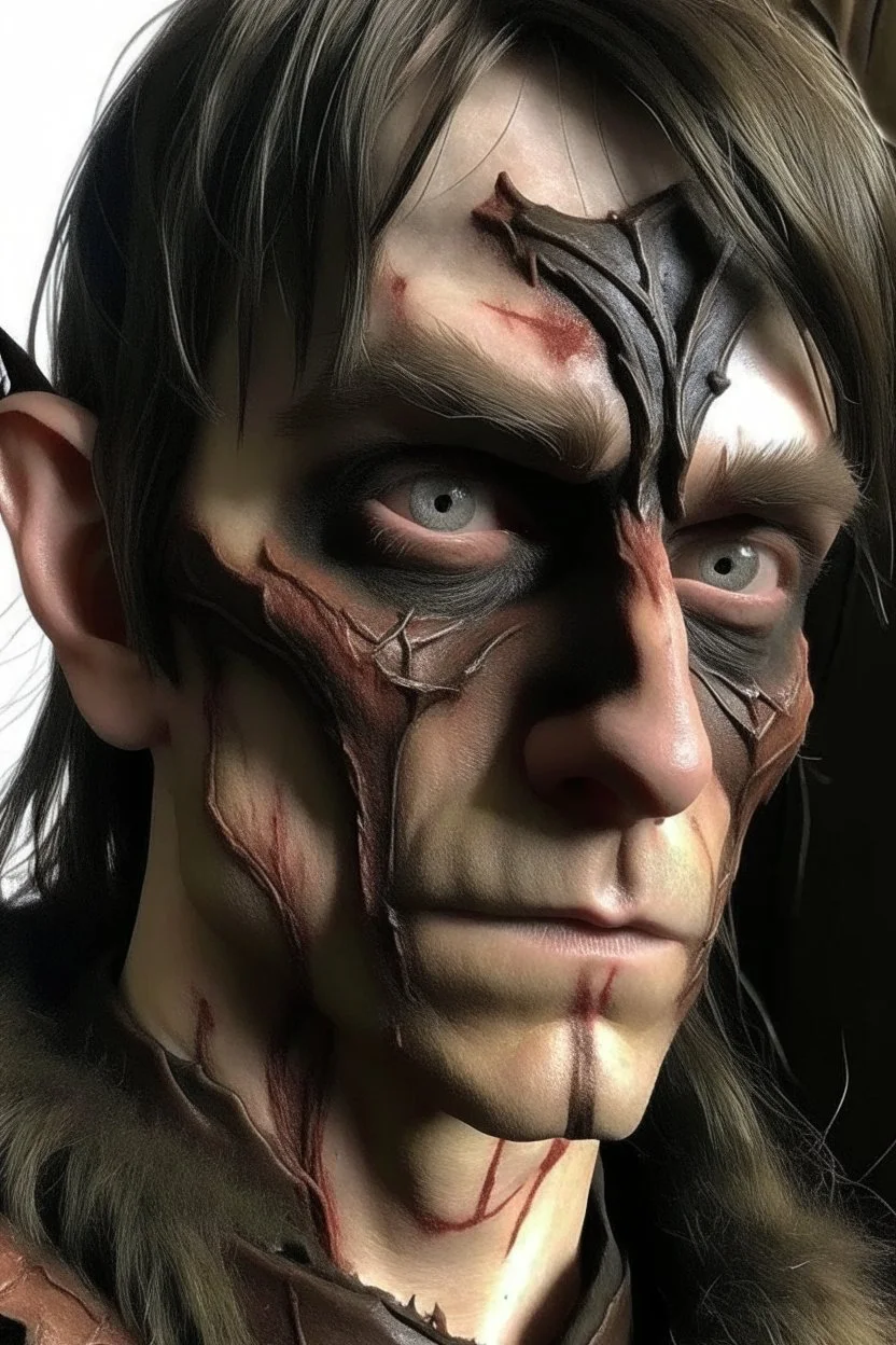 a dead half-elf, half of his face burned, a scar on his neck from an incision