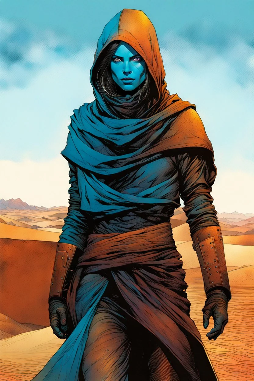 create a fine art print full body illustration of a rugged gritty, roughly textured, hooded, blue eyed, Fremen female warrior with highly detailed feminine facial features, amidst the swirling desert sands of Arrakis, in the comic book art style of Bill Sienkiewicz, and Jean Giraud Moebius, finely textured, drawn, colored, and inked,