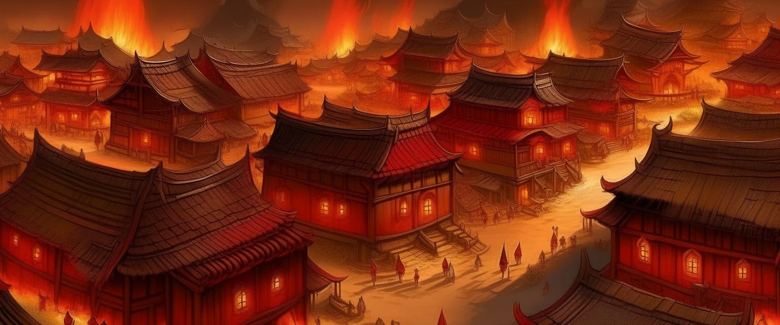 An orangish red Eastern village with torches designed in Heidrun manuscripts painted by Cai Jia