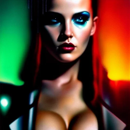 portrait oil on canvas, beautiful punk busty female Cyborg, looking to viewer, sad green eyes, post-apocalyptic in a cyberpunk city,minimal skintight suit, blade runner, comic book cover, mystical colors, neon, insanely detailed,realistic,intrincate detail, 16k resolution, masterpiece, Adam hughes