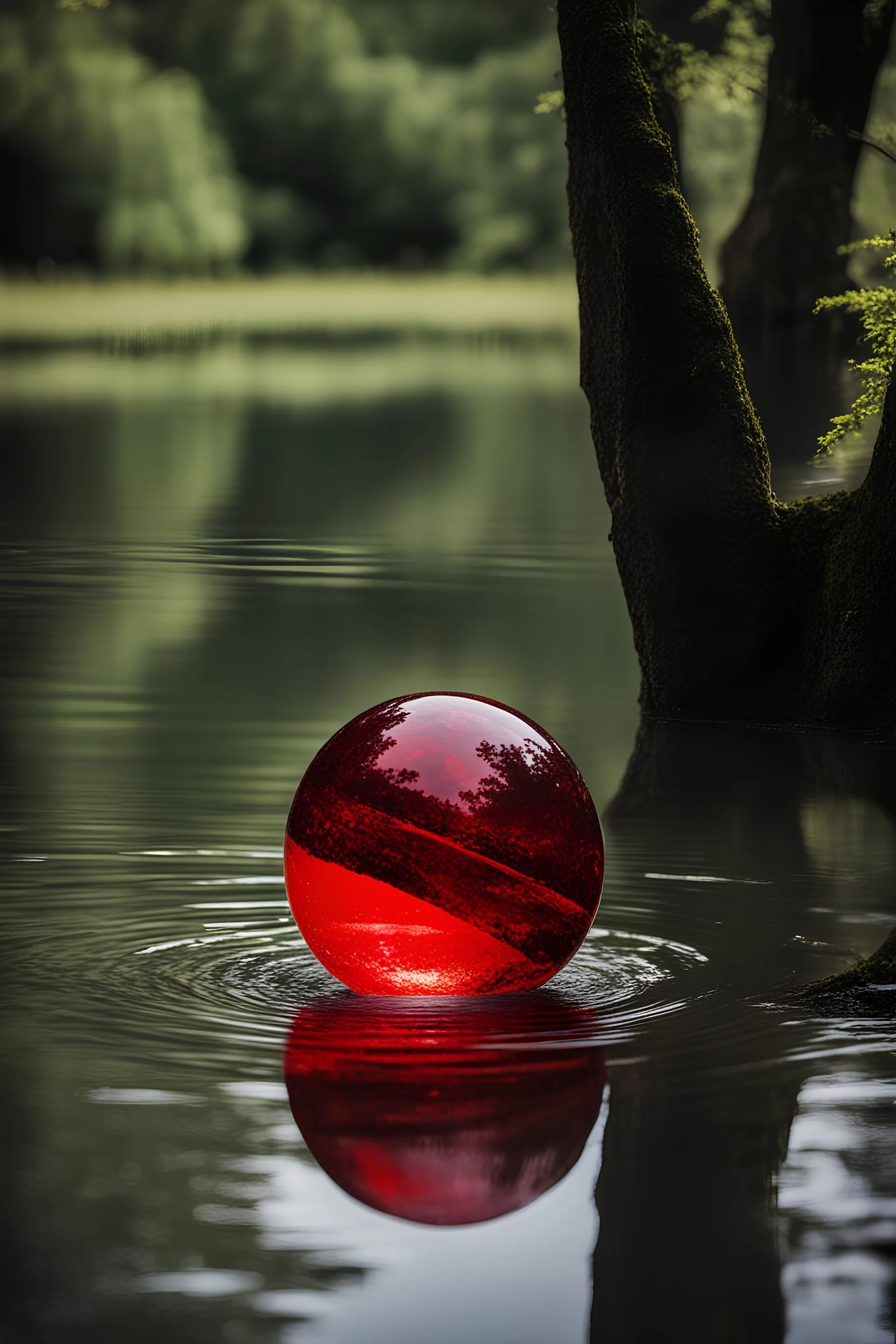 Red cristal sphere floating in a lake