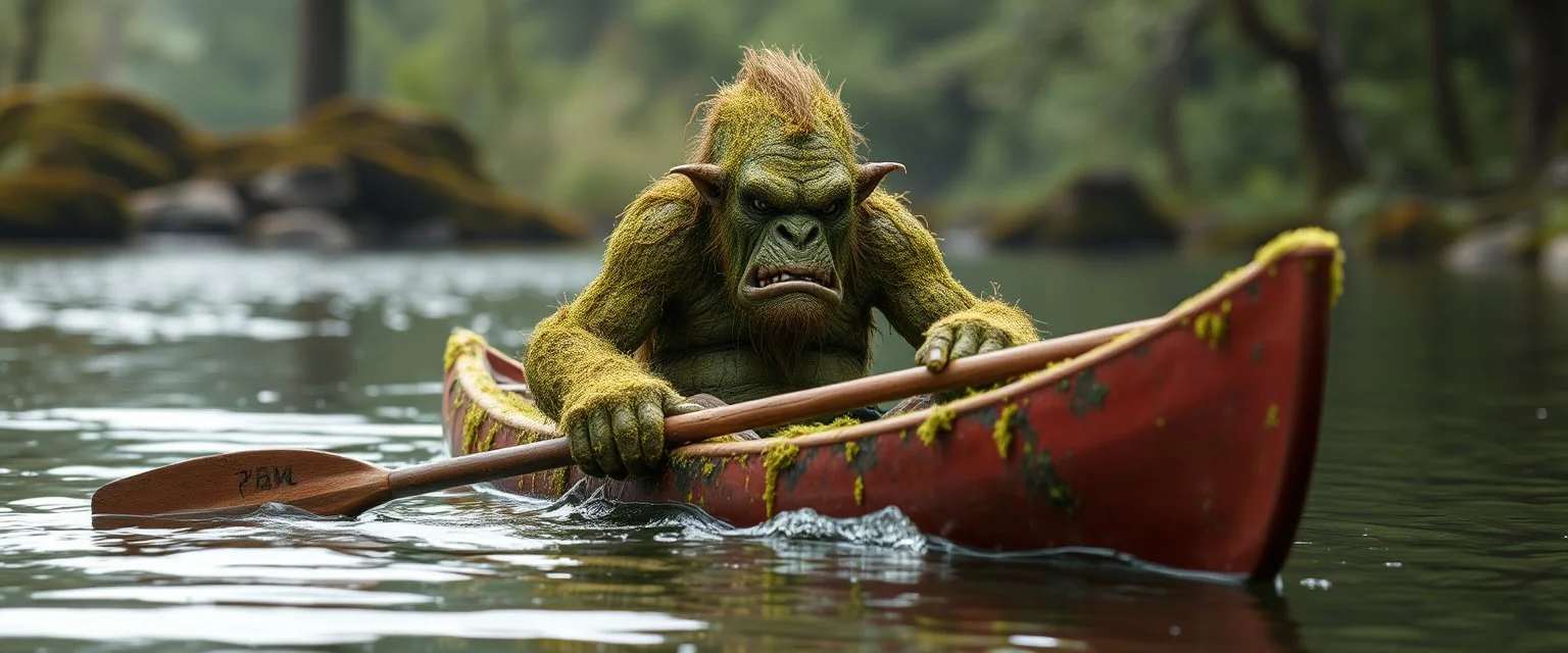 ancient moss ogre troll in kayak