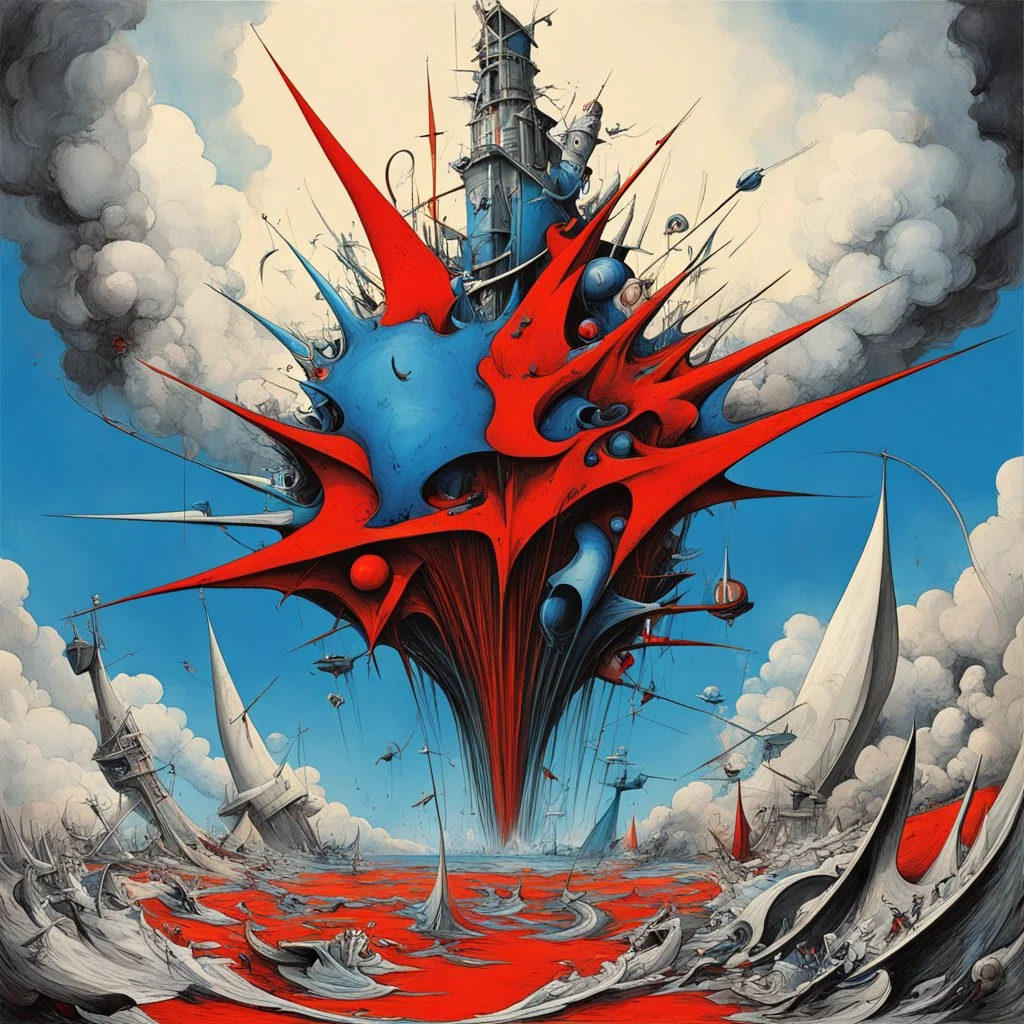 zero sum game creative destruction, asymmetrical surrealism, dramatic distressing, by Gerald Scarfe, by Yves Tanguy, color splash, splash art, red and blue dual color scheme, top down construction.