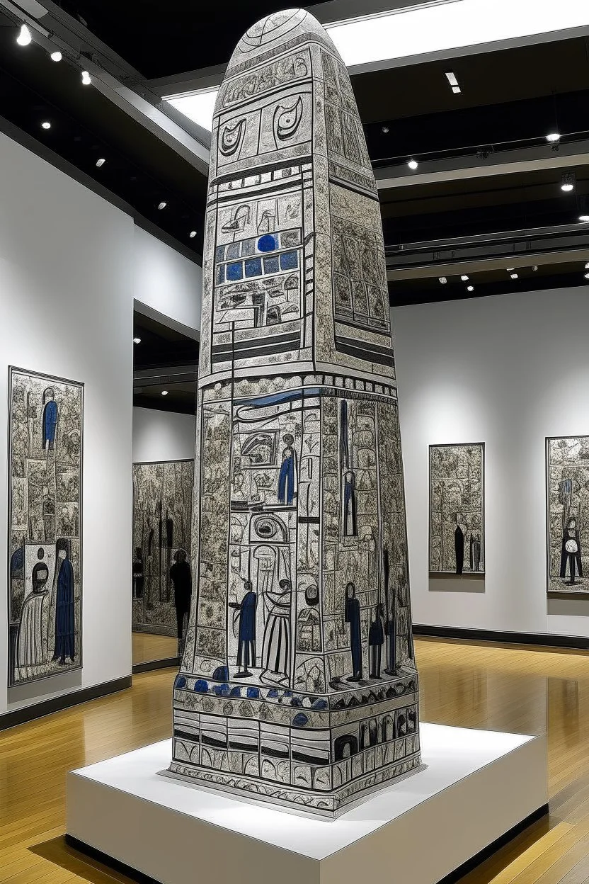 A gray Steel Obelisk designed in Medieval tapestry painted by Jean Dubuffet