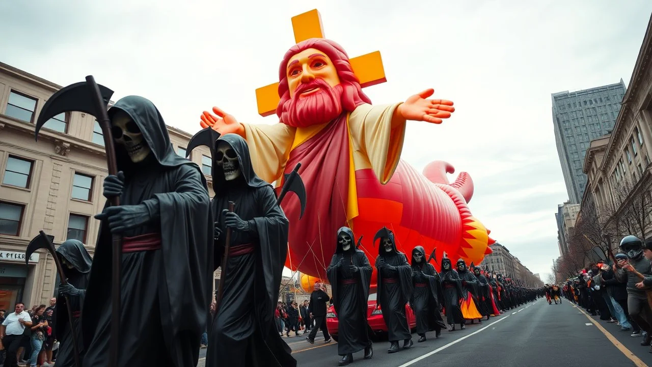 200 ft tall floating cartoonish jesus parade balloon pulled by multiple grim reapers, multi colored, bright, vivid, psychedelic, high detailed, high gloss, insanely detailed, matte, horrorcore, lining the street, unsettling contrast, monument to death, live action shot grim reaper parade, pulling a jesus parade float
