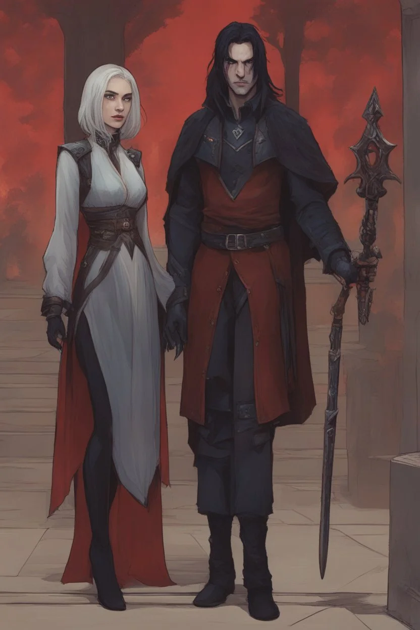 A couple, from the dnd game curse of Strahd. The woman has long white hair and blue eyes, the man has LONG BLACK hair and red eyes, no facial hair. He is standing protectively behind her.