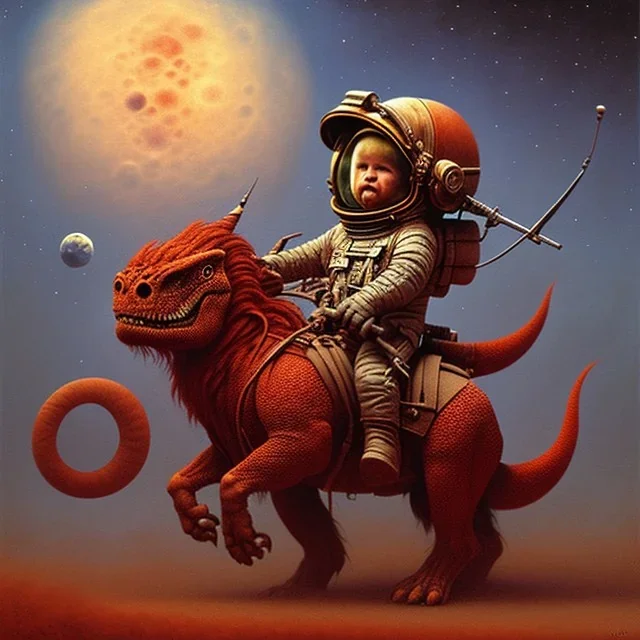 1yo little boy is on safari on the moon. riding on the red dinosaur. he has big and a funny hat. High detailed. Cinematic. oil on canvas painting. Warm lights. beksinski