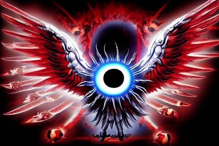 wings, freaky crazy evil eye with wings, laughing, flying, satan wings, dark, terror, horror