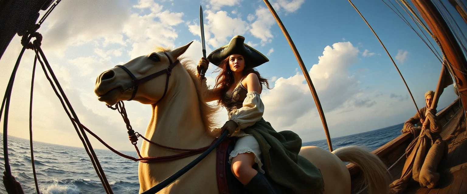 pin hole cam, master oil painting by Rembrandt, good afternoon scary hot seductive piratress merchant swashbuckler on stallion on ship
