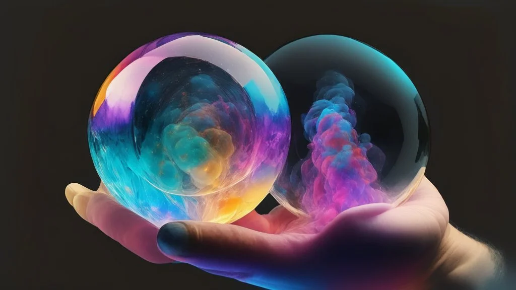 A single crystal ball to look into the future, hands around the ball, smoke appearing inside the ball, pink, dark blue, orange, yellow, aqua blue, very detailed and realistic