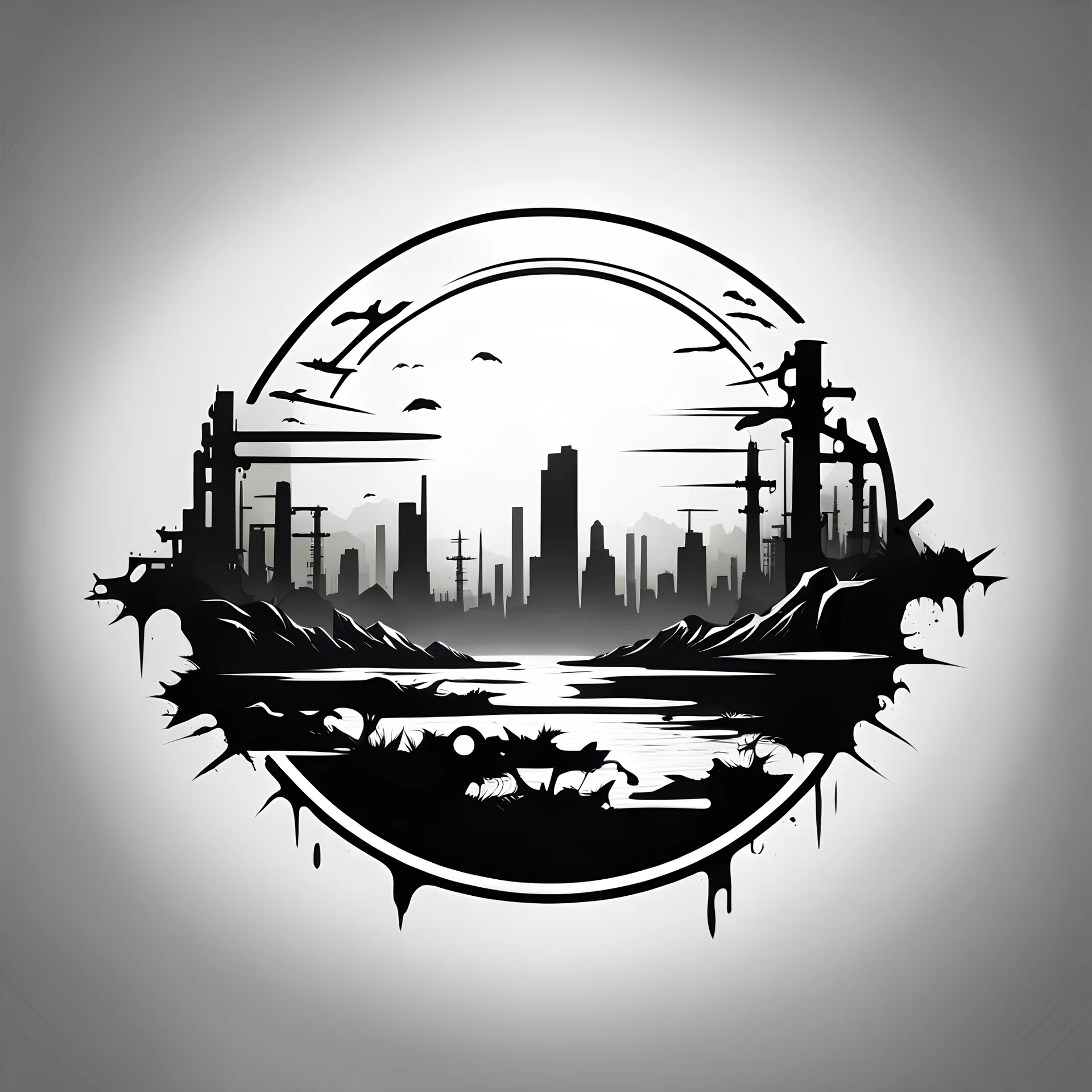 post-apocalyptic horizon vector icon in white color over the back background, stylized