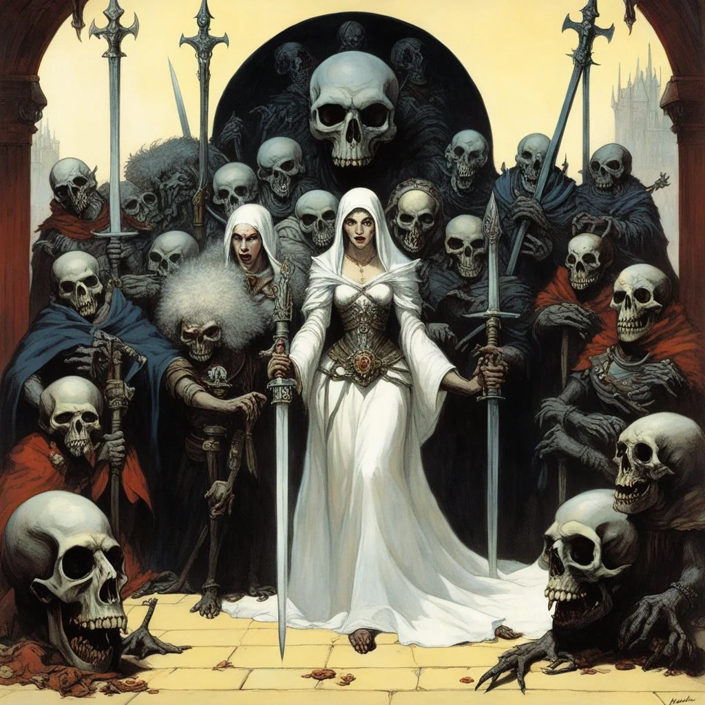 [art by Norman Rockwell] Brain, zombie, skull and the likes... Land trembles as the Necromancer Queen emerges, her twin swords gleaming with dark power. Undead minions heed her command, twisted by her malevolent magic into grotesque servitude. Flanked by monstrous warriors, one decay-shrouded and the other a formidable mass of muscle, she nears the heart of the battlefield as a storm of dread brews above, echoing nature's fear.