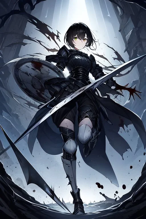 Anime girl with short black hair and sharp green eyes holding a sinister spear, full body black and white metal plate armour, full body shot, Dark lighting,1woman, soaked in blood,Warrior