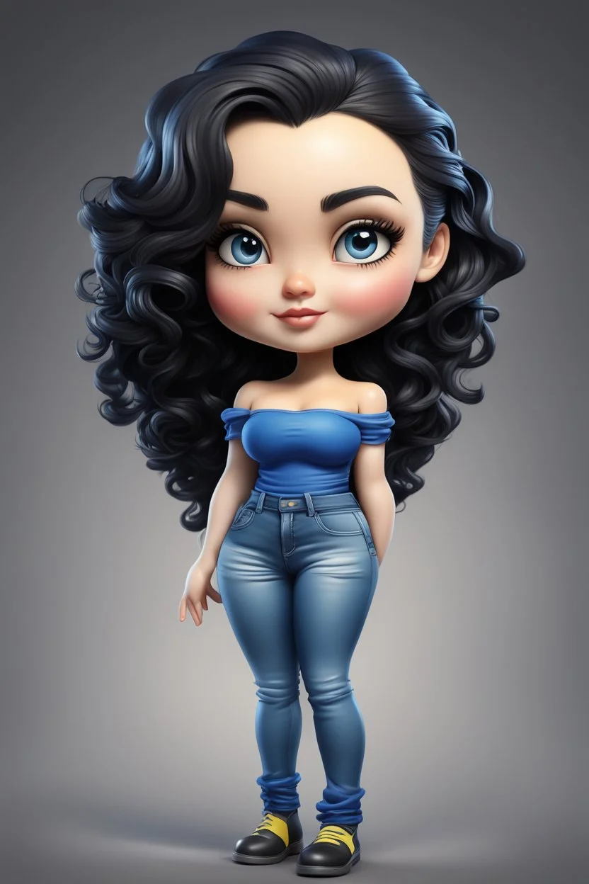 Create an airbrush image of a curvy chibi cartoon white female wearing tight yellow jeans and a blue off the shoulder blouse. Prominent make up with hazel eyes. Extremely highly detailed shiny black wavy hair flowing down her back