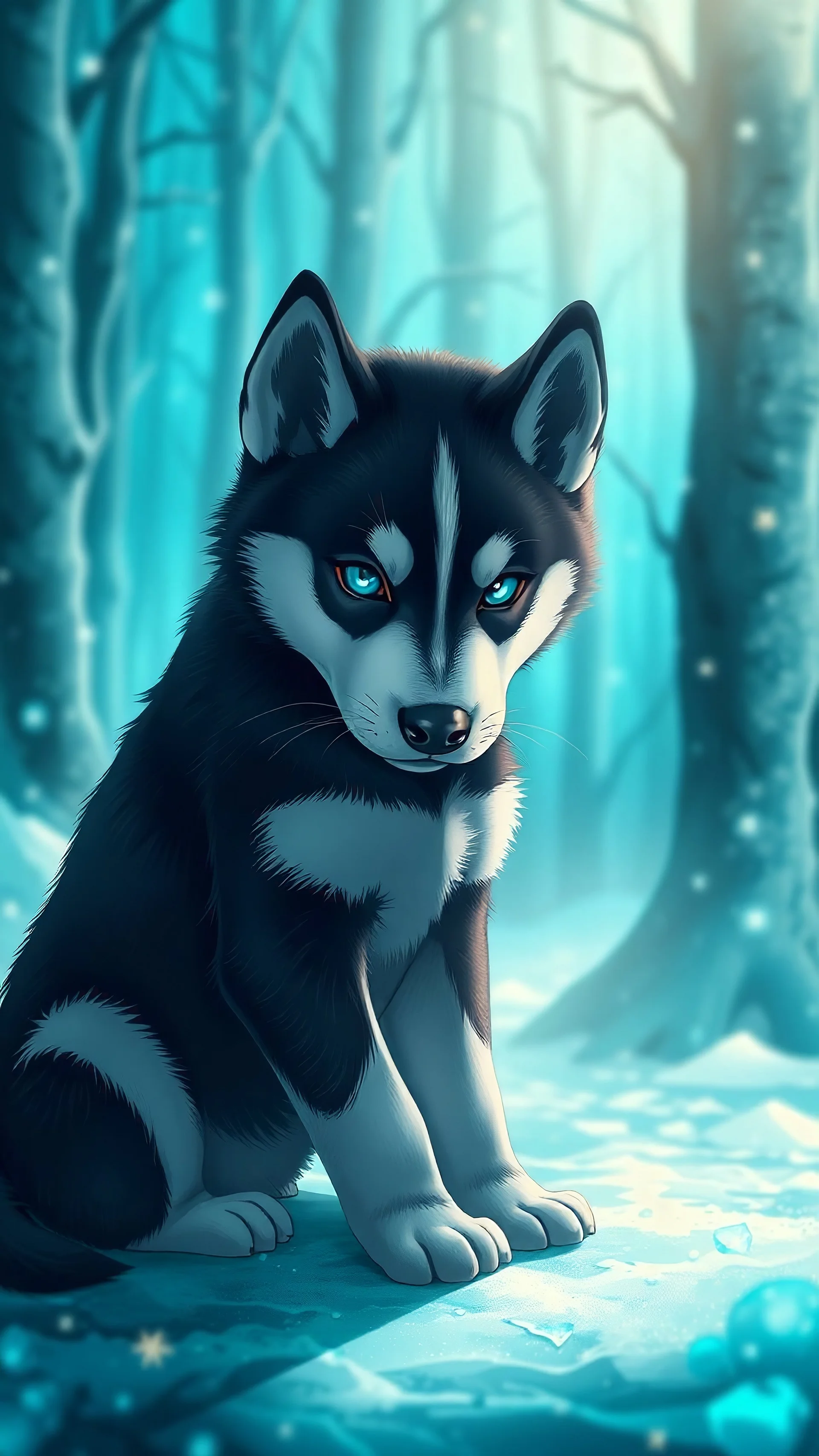 black Alaskan husky puppy with ice-blue eyes sitting with his head bowed in an icy, glowing turquoise forest, the puppy is centered in the middle of the image, anime style, dramatic lighting, vibrant colors, wide shot view, highly detailed and realistic, book-cover worthy