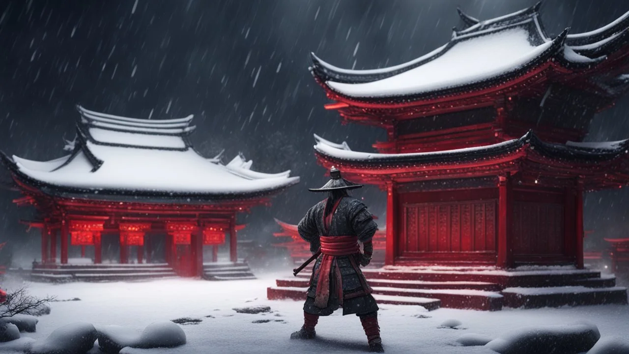 Hyper Realistic muscular-samurai training outside a Dark-Abandoned-Red-Colored-detailed-crafted-Chinese-Temple Almost Covered in Snow at dark-snowfall-night