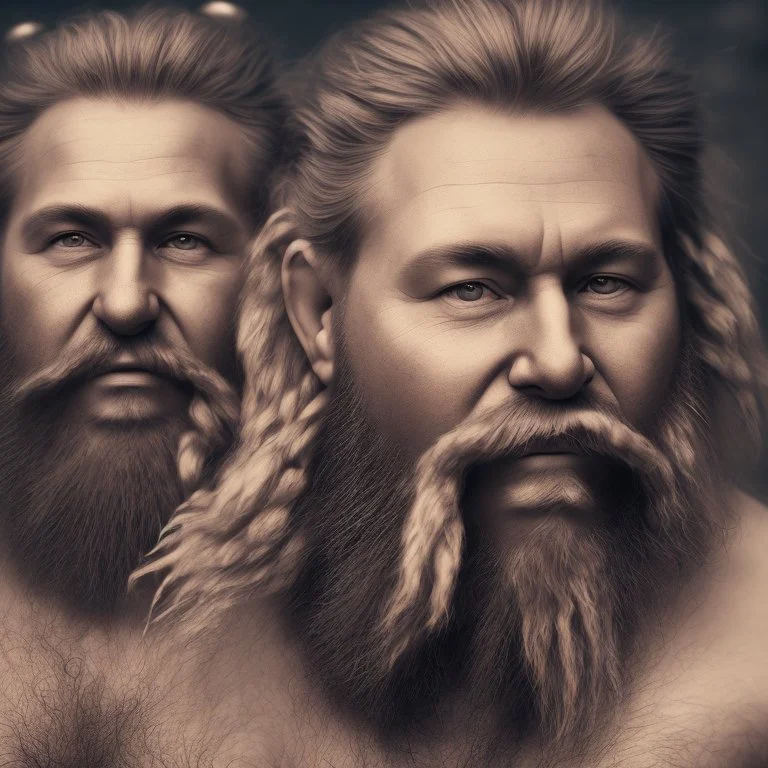 portrait photo of two 55 years old vikings embraced muscular chubby and hairy beard manly chest hairy shoulders emotive eyes hyper-realistic 4k cinematic photographic