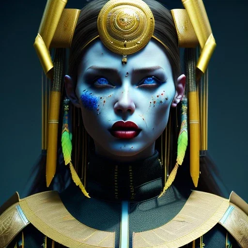 Ukrainian woman, rounded face, blood, black, blue, yellow, samurai helmet, decorative color feathers, retro, bamboo, leather, soft color, highly detailed, art stations, concept art, smooth, unreal engine 5, god rays, ray tracing, RTX, lumen lighting, ultra detail, volumetric lighting, 3d, finely drawn, high definition, high resolution.