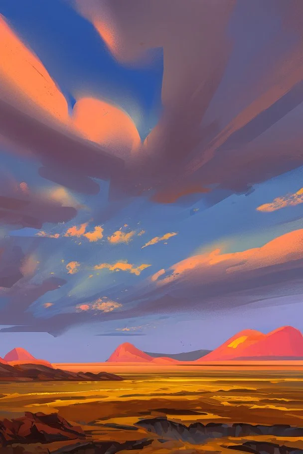 a paint of a land scape with big rocky rift and orange sky with a few clouds