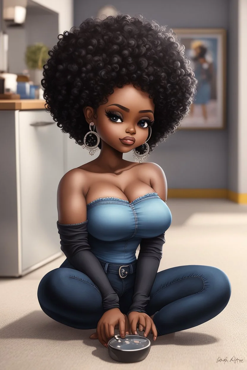Create a furturism magna art of a black chibi curvy female sitting on the floor looking at herself in a hand mirror. She is wearing tight blue jeans and a black off the shoulder blouse. Prominent make up with lush lashes. Highly detailed tight curly afro. She is also wearing silver large hoop earringsart of a black chibi curvy female sitting on the floor looking at her cell phone. She is wearing tight blue jeans and a black off the shoulder blouse. Prominent make up with lush lashes.