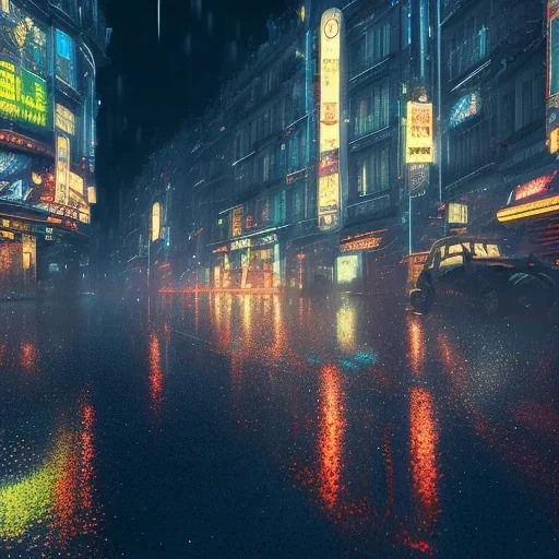 Cyberpunk street view in night, Paris, rain, ground reflection