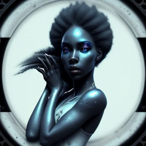 a black woman with one blue crystal eye, steam punk, realistic, made in octane, cinematic, ultra-realistic, extremely detailed octane rendering, 8K, VRAY Super Real ar 2:3, dof photorealistic futuristic 50mm lens hard lighting dark gray tintype photograph, realistic lighting