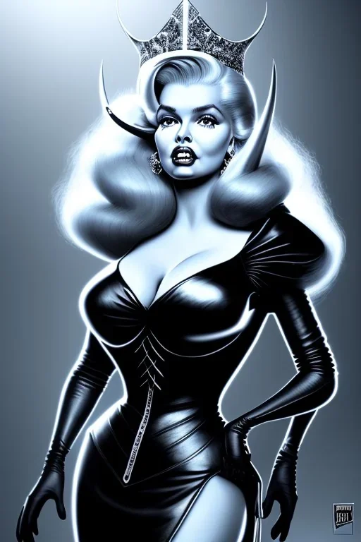 portrait of jayne mansfield as evil queen in black leather gown, leather, angry, stern look, volumetric lighting, particales,highly detailed,cinematic, deep colours,8