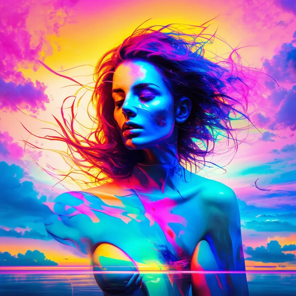 piece of album art with a women fusion with light, abstract experimental style album cover, smooth colors, high level of noise and subtle texture, psychedelic cover, sky, light and clouds.