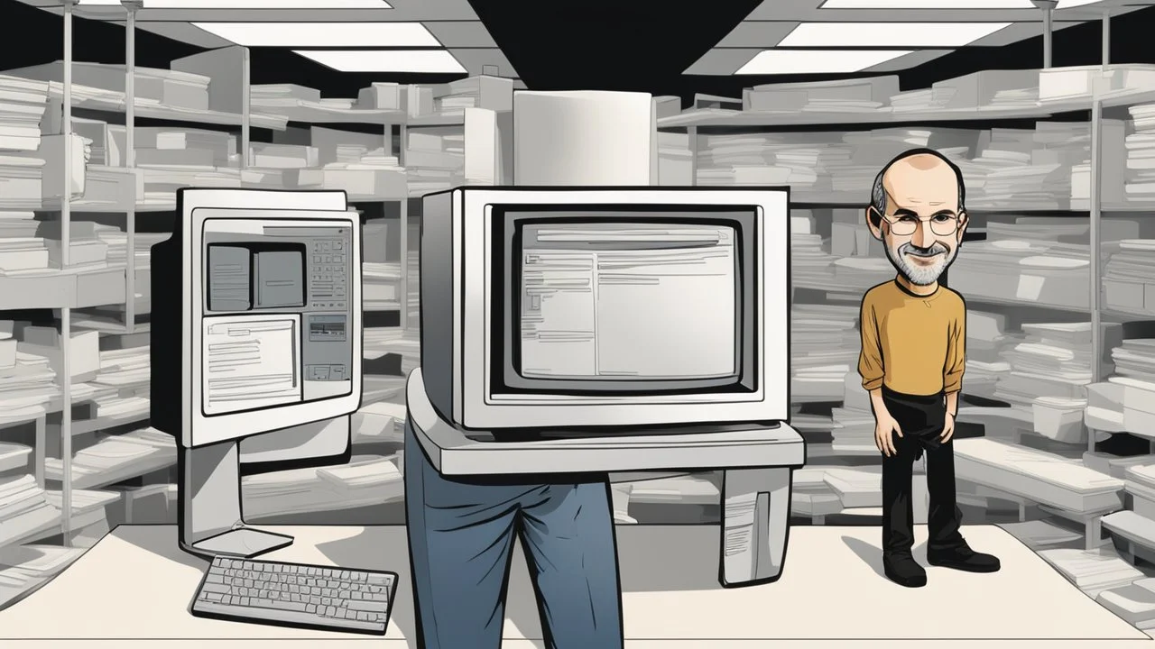 An image inspired by Steve Jobs' innovative spirit shows him standing next to the iconic iMac computer. Jobs appears in the image with a confident smile, casting a look full of optimism towards the future. The image showcases his dedication to achieving innovative technology and sleek design, captivating viewers' attention and encouraging them to explore more details about Steve Jobs' pioneering persona and his legacy in the world of technology and innovation.